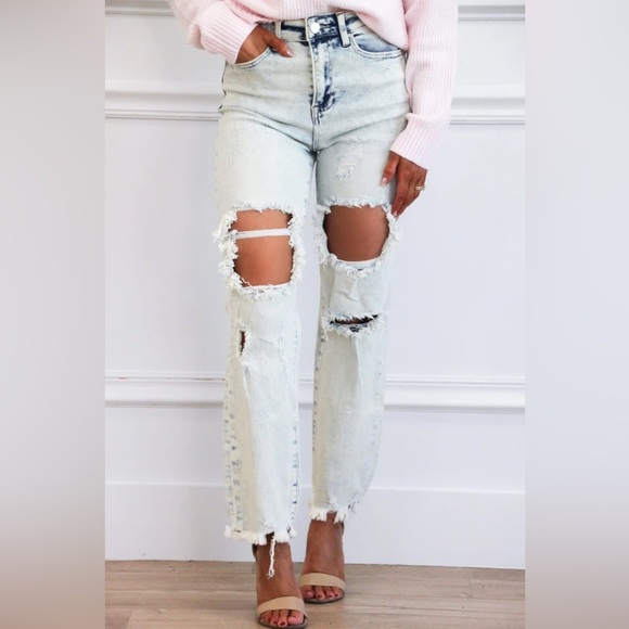 Risen Jeans Denim - Risen Acid Light Wash Distressed High Rise Straight Ankle Jean Size 15 RDP5246